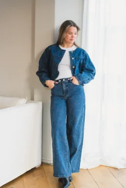Alia LS Embroidery Denim Jacket Dark Blue Denim