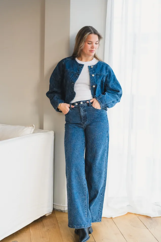 Alia LS Embroidery Denim Jacket Dark Blue Denim