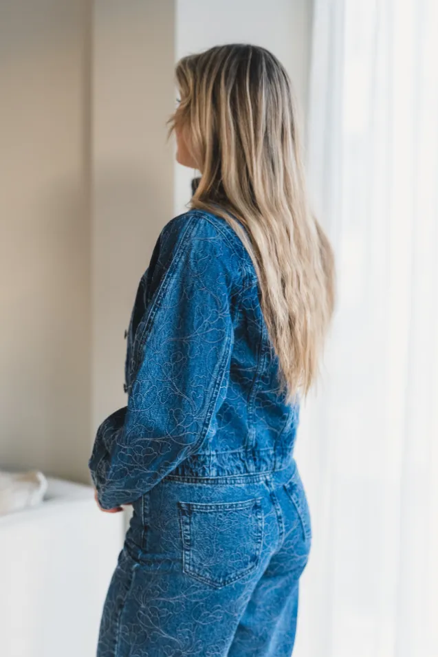 Alia LS Embroidery Denim Jacket Dark Blue Denim