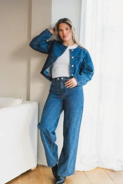 Alia LS Embroidery Denim Jacket Dark Blue Denim
