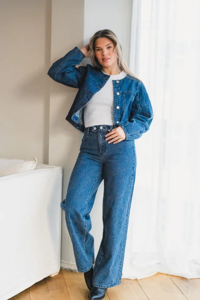 Alia LS Embroidery Denim Jacket Dark Blue Denim