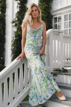Amaia Chiffon Slip Maxi Dress Pastel Floral Pistachio