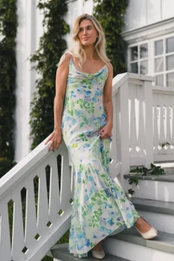 Amaia Chiffon Slip Maxi Dress Pastel Floral Pistachio