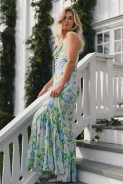 Amaia Chiffon Slip Maxi Dress Pastel Floral Pistachio