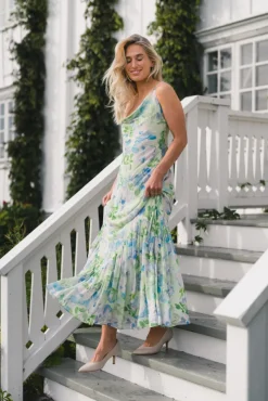 Amaia Chiffon Slip Maxi Dress Pastel Floral Pistachio