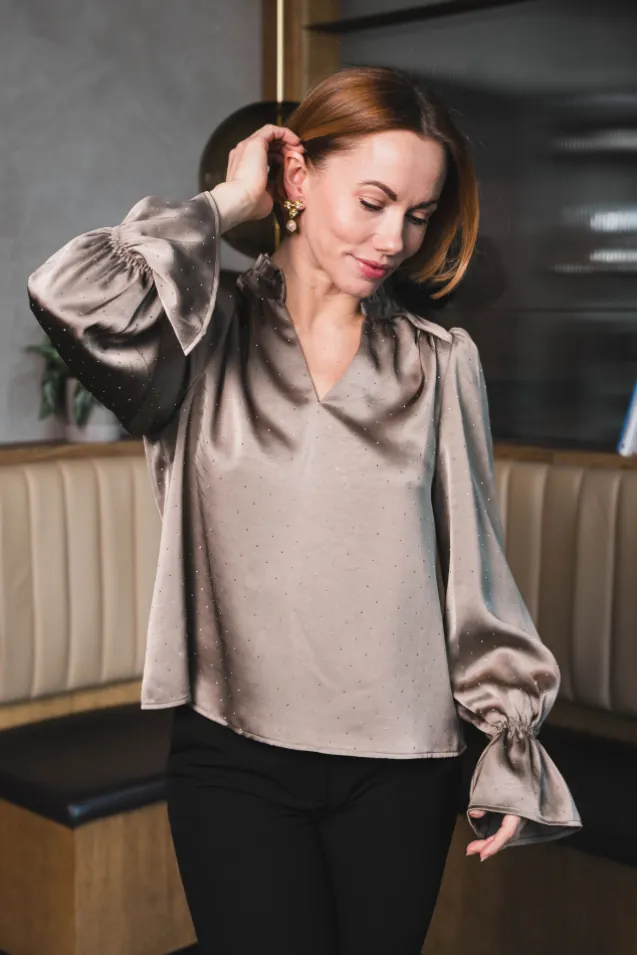 Amara Heavy Sateen Bedaz Blouse Dark Taupe