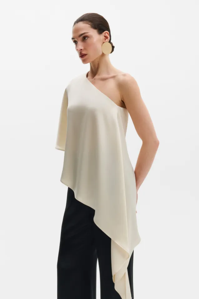 Aria One Shoulder Asymmetric Satin Blouse Pearl