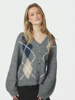 Beleney Small Check Fluff Cardigan Dark Grey