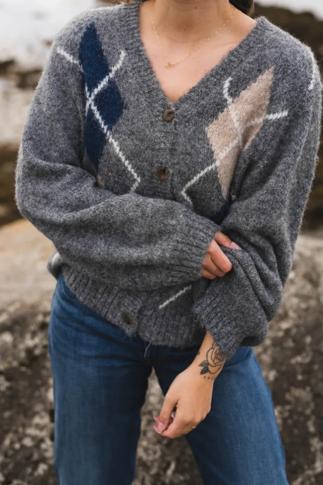 Beleney Small Check Fluff Cardigan Dark Grey