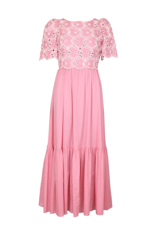 Broderie Anglaise Maxi Dress Rose Pink