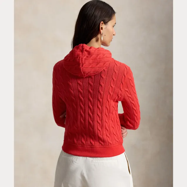 Cable Knit Cotton Full Zip Hoodie Bright Hibiscus