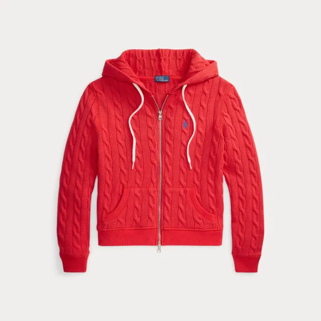 Cable Knit Cotton Full Zip Hoodie Bright Hibiscus