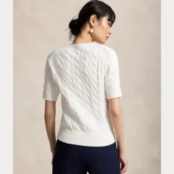 Cable Knit Cotton Short Sleeve Cardigan White