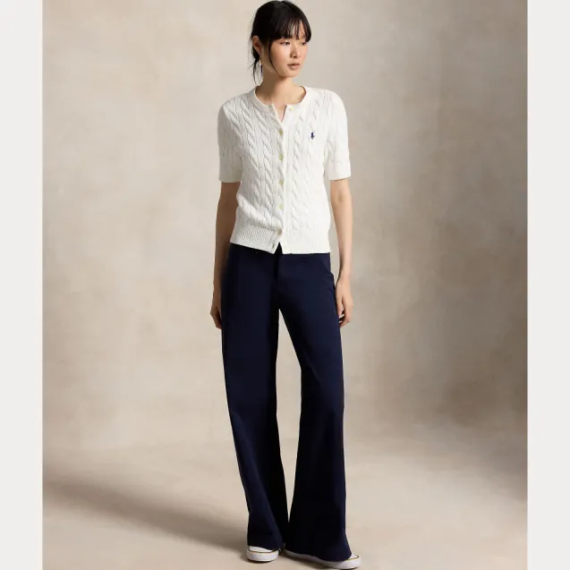 Cable Knit Cotton Short Sleeve Cardigan White