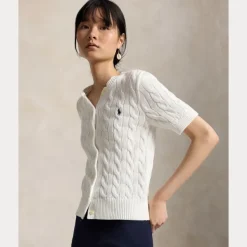 Cable Knit Cotton Short Sleeve Cardigan White
