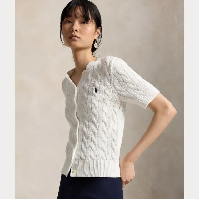 Cable Knit Cotton Short Sleeve Cardigan White