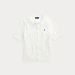 Cable Knit Cotton Short Sleeve Cardigan White