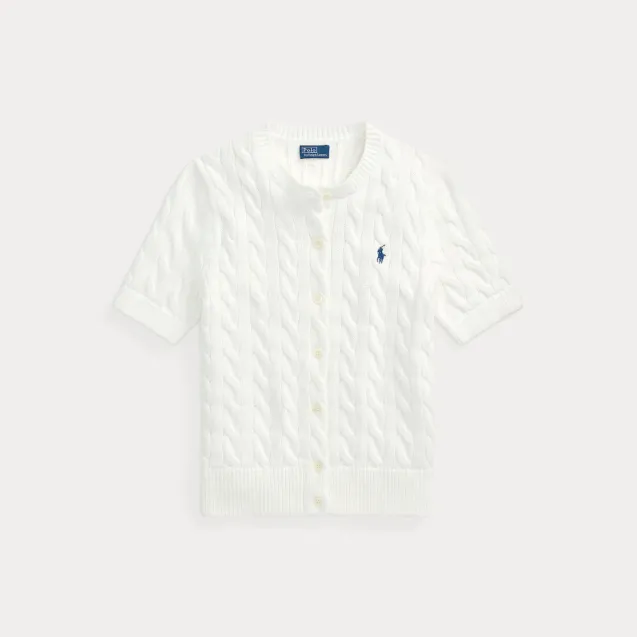 Cable Knit Cotton Short Sleeve Cardigan White