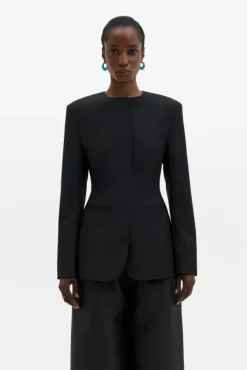 Carol Collarless Wool-Silk Evening Blazer Black