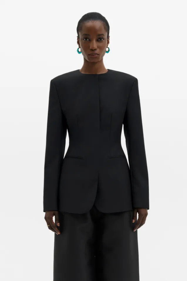 Carol Collarless Wool-Silk Evening Blazer Black