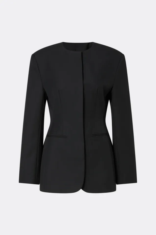 Carol Collarless Wool-Silk Evening Blazer Black