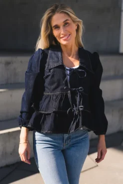 Celina LS Denim Tie Top Dark Blue Denim