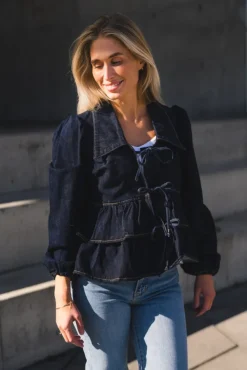 Celina LS Denim Tie Top Dark Blue Denim