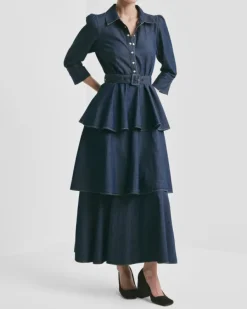 Denim Flounce Dress French Blue