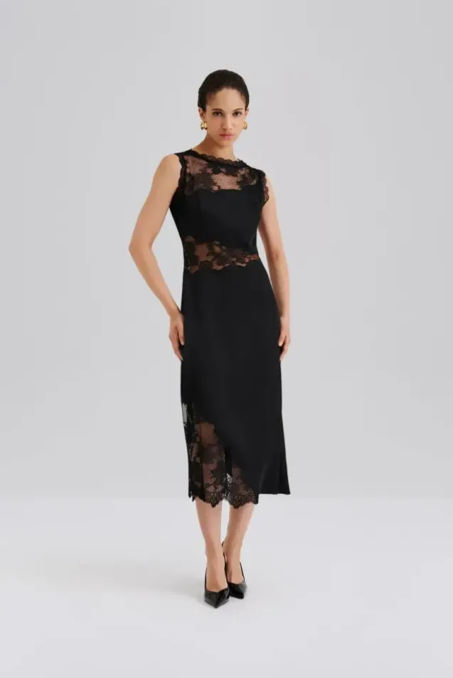 Desire Lace Trimmed Cut Out Midi Dress Black