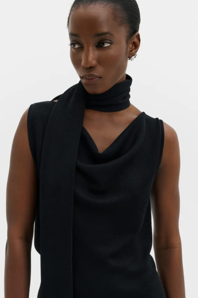 Donia Cowl Neck Scarf Detailed Top Black