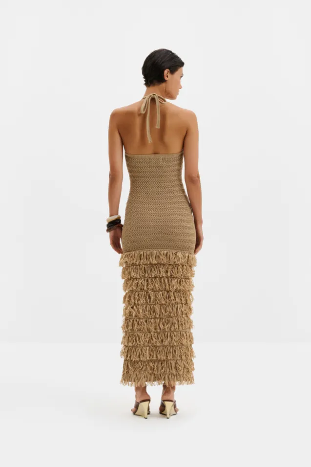 Elissa Halterneck Fringe Maxi Dress Sand