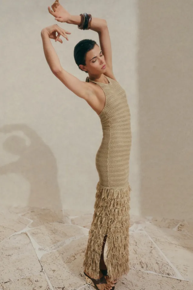 Elissa Halterneck Fringe Maxi Dress Sand