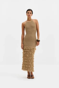 Elissa Halterneck Fringe Maxi Dress Sand
