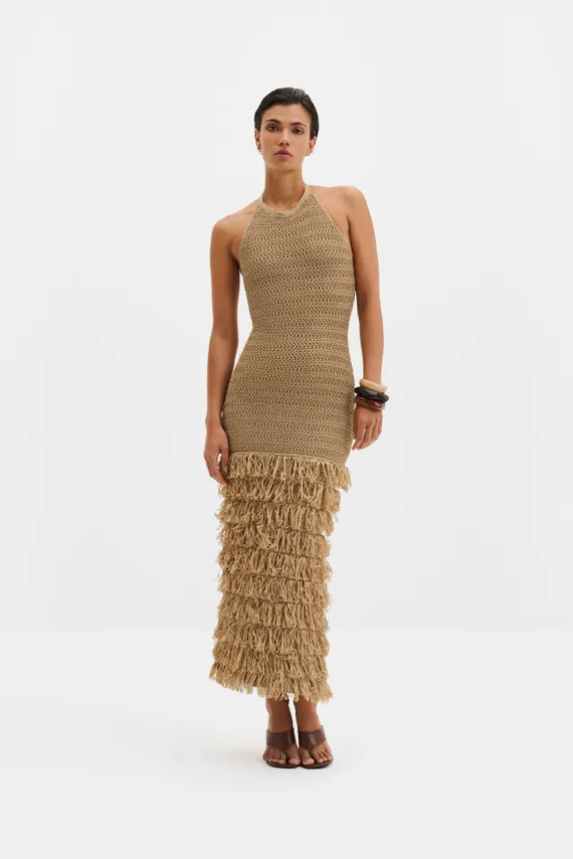 Elissa Halterneck Fringe Maxi Dress Sand