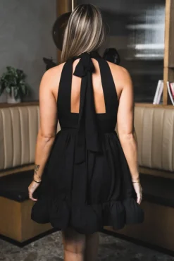Fern Halterneck Ruffled Mini Dress Black