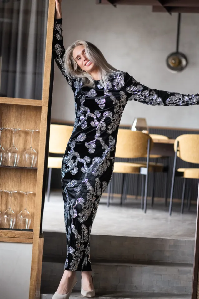 Florana LS Long Dress Black Silver Sequins
