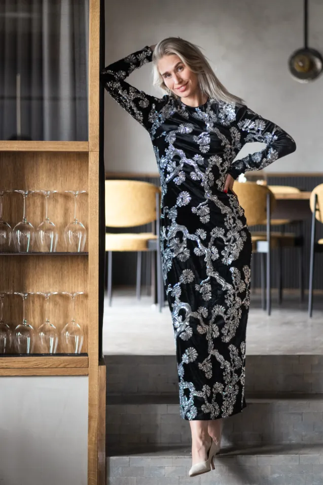 Florana LS Long Dress Black Silver Sequins