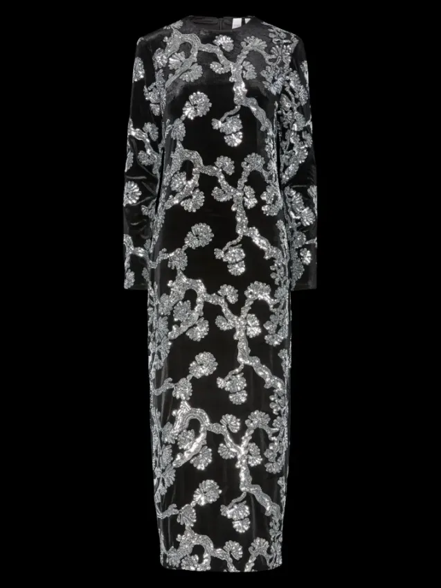 Florana LS Long Dress Black Silver Sequins