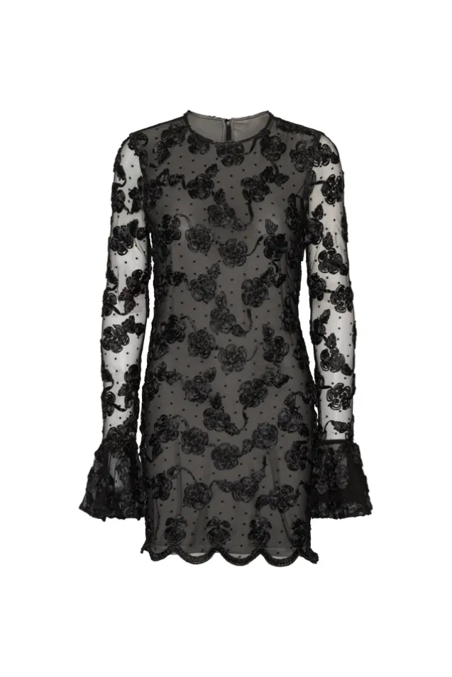 Flower Mesh LS Mini Dress Black