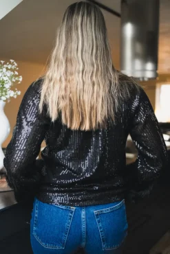 Flow LS V-Neck Sequin Top Black