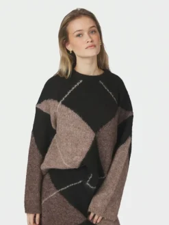 Inga Check Fluff Knit Blouse Dark Brown
