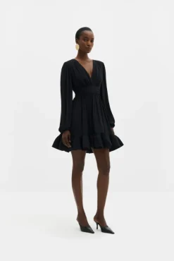 Jadie V-Neck Ruffled Mini Dress Black