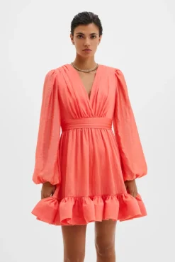 Jadie V-Neck Ruffled Mini Dress Coral