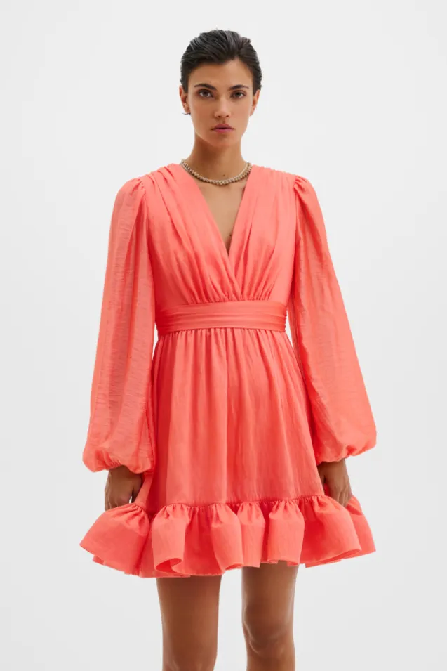 Jadie V-Neck Ruffled Mini Dress Coral