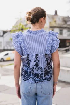Jayla Stripe Embroidery Top Blue