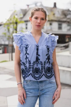 Jayla Stripe Embroidery Top Blue