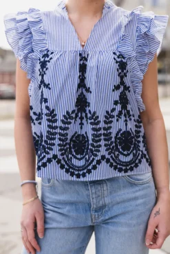 Jayla Stripe Embroidery Top Blue