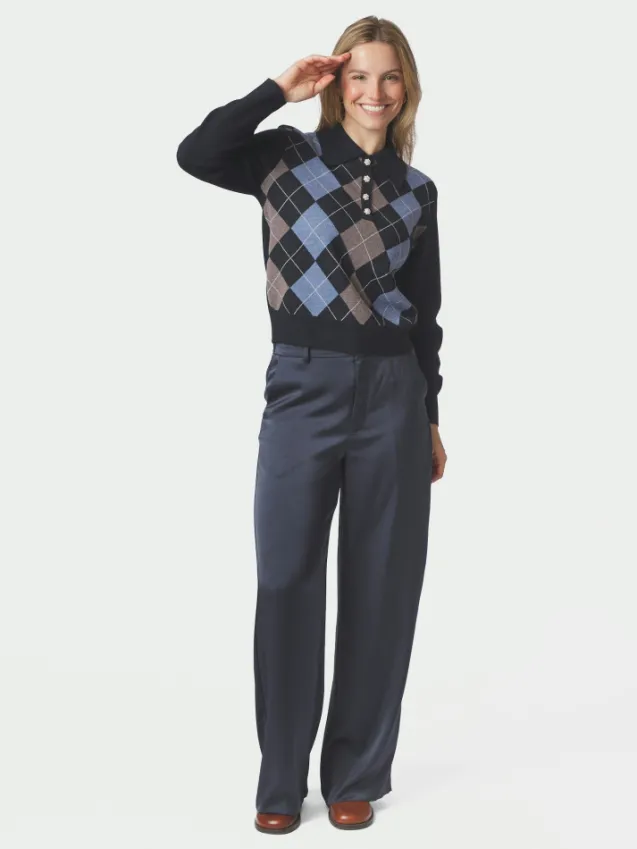 Julina Check Knit Blouse Navy