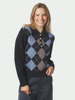 Julina Check Knit Blouse Navy