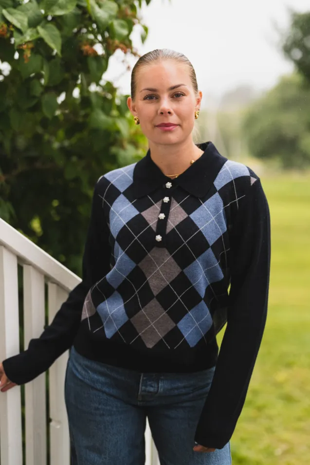 Julina Check Knit Blouse Navy